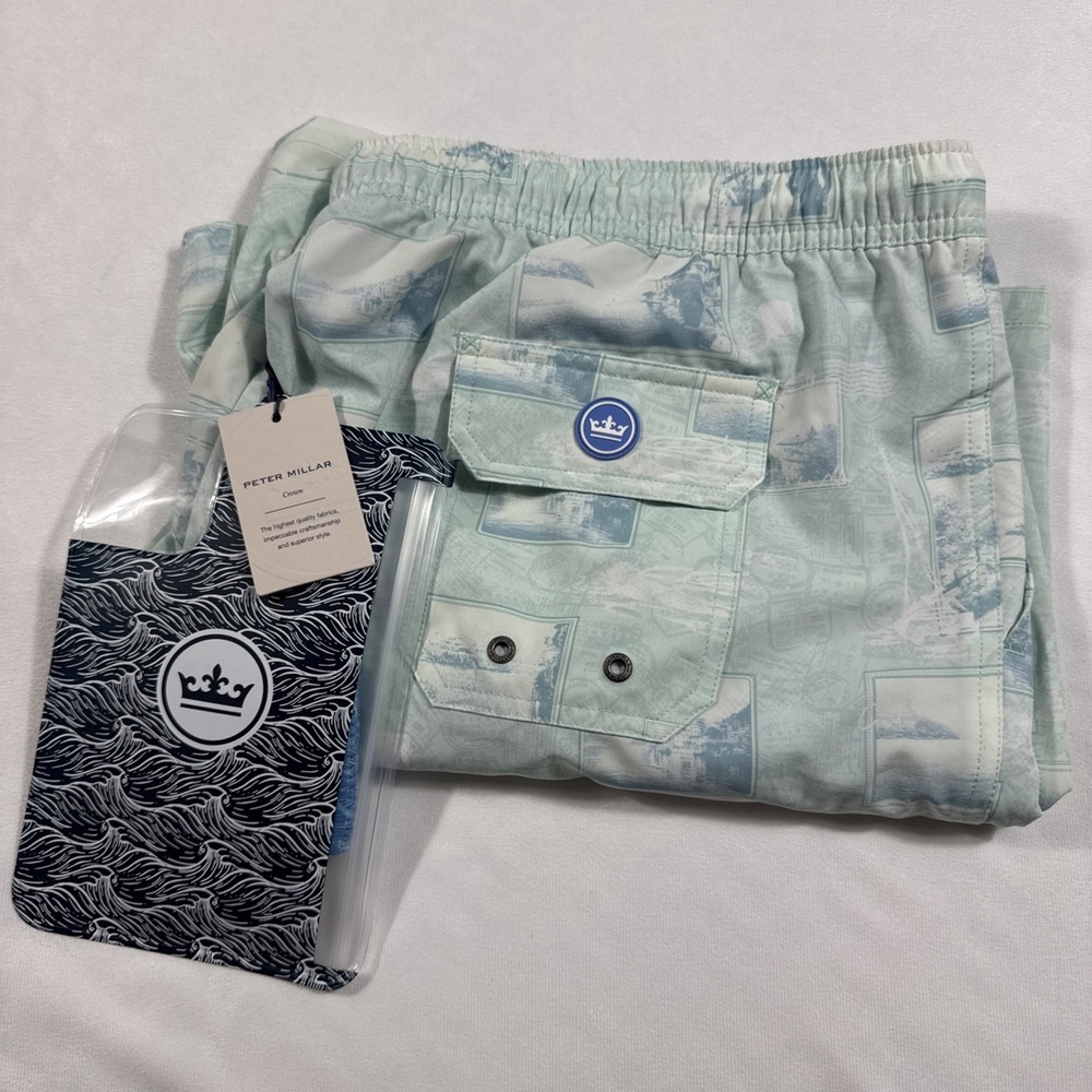 Peter Millar Swim Shorts Mens XXL Cape Blue MS24P10 Coastal Print Trunks‎